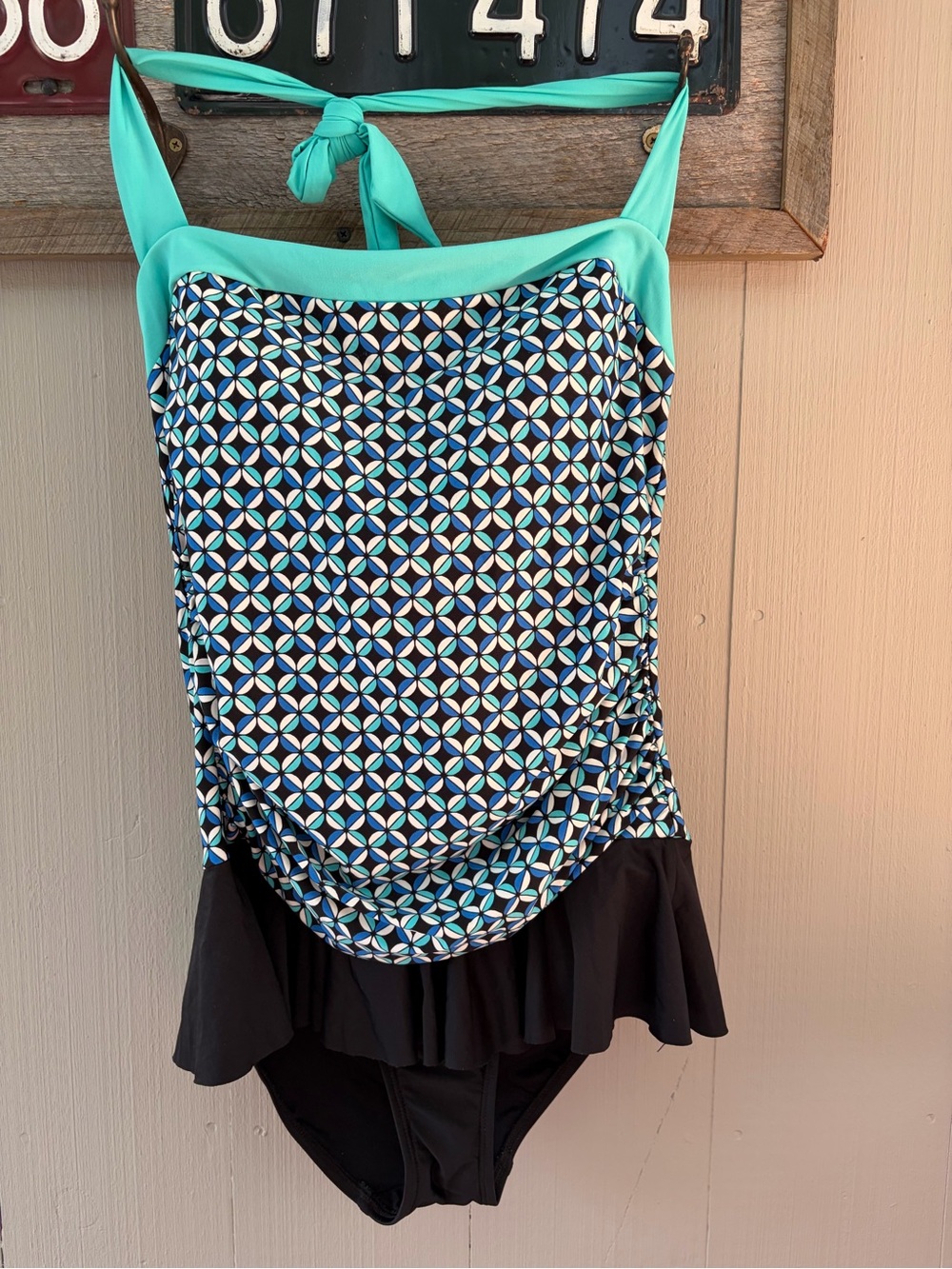 Geometric Aqua & Black Skirted One-Piece Swimsuit